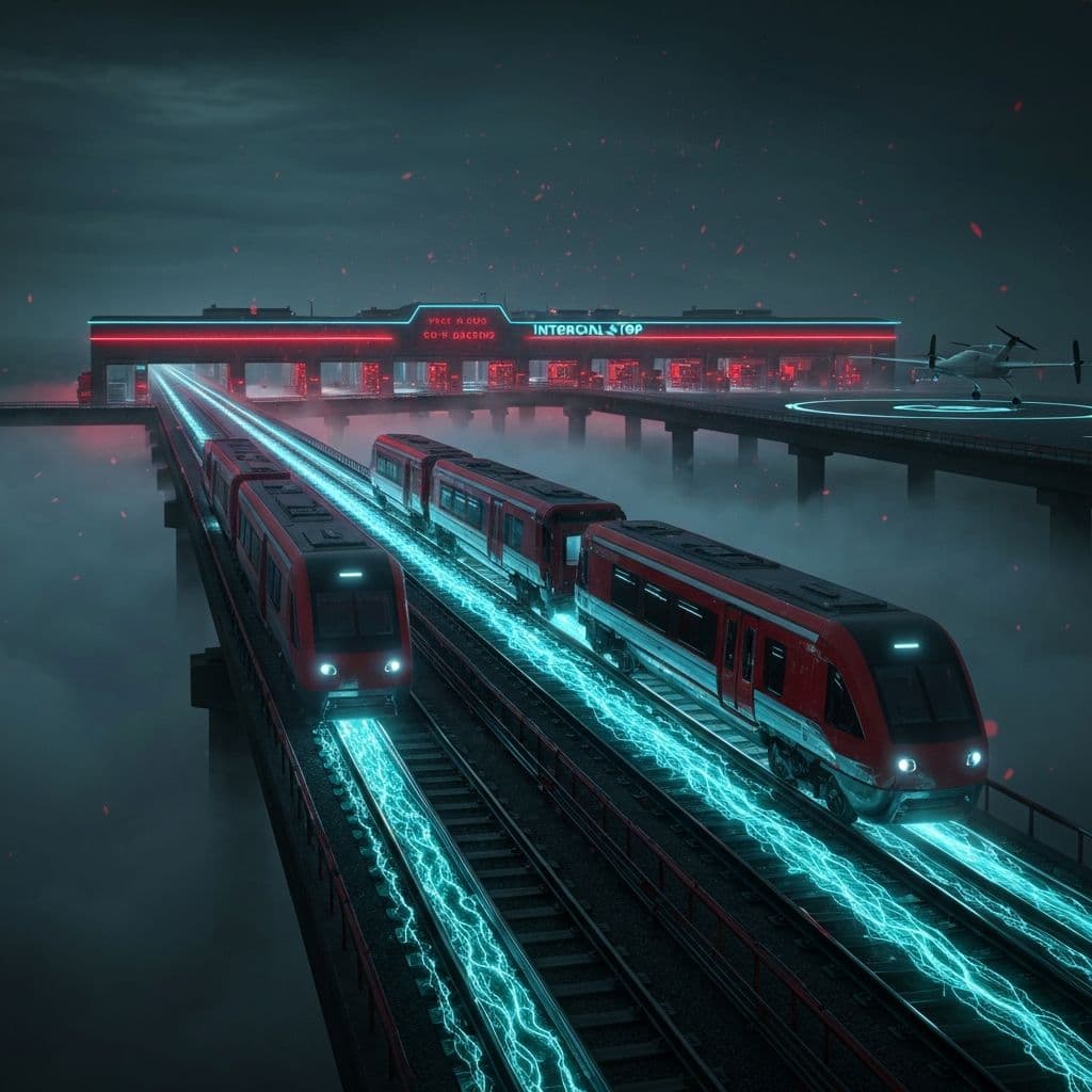 Crimson-black rail node emerging from Gulf mist with quantum trails along the tracks